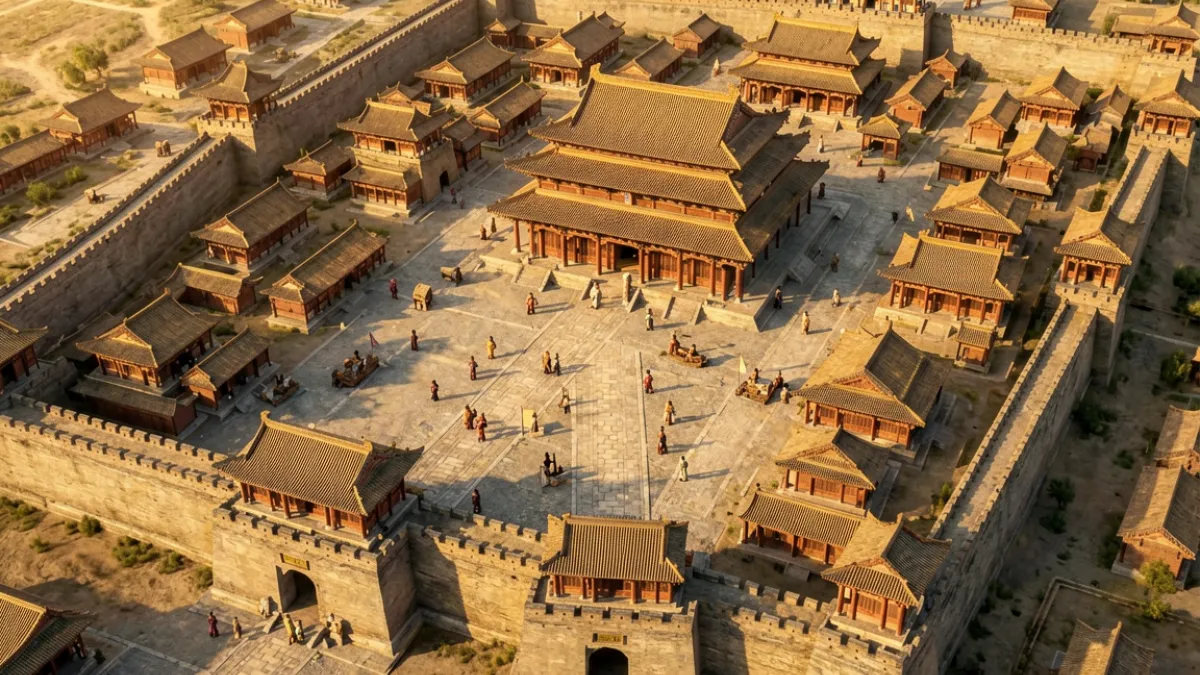 9.1免费视频看片平台历史人文类纪录片热榜条目，画面为古代建筑复原三维动画场景